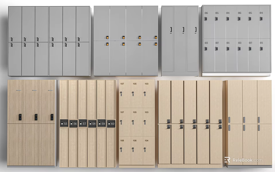 Different Design Storage Lockers With Wooden And Gray Finishes For Organizing Spaces 3d model 
