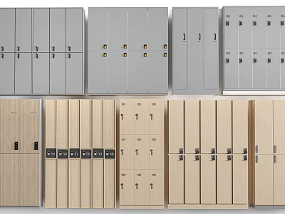 Different Design Storage Lockers With Wooden And Gray Finishes For Organizing Spaces 3d model