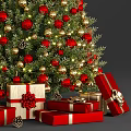 Decorated Christmas Tree With Red Gold Baubles And Gift Boxes Underneath