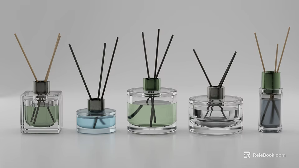 Perfume Cosmetics Transparent Glass Fragrance Bottles with Different Colored Liquids and Black Reeds 3d model 