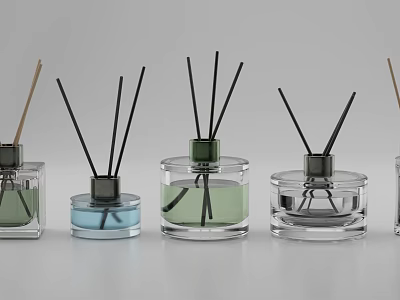 Perfume Cosmetics Transparent Glass Fragrance Bottles with Different Colored Liquids and Black Reeds 3d model