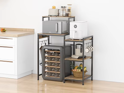 Modern Kitchen Storage Shelf With Microwave Coffee Maker Wine Cooler Fruit Basket And Jars 3d model