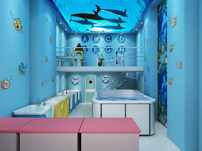 Kids Swimming Pool With Dolphin Ceiling Blue Walls Pink Benches And Cartoon Fish Decorations 3d model