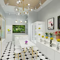 Modern Boutique Store Interior With White Gold Shelves Green Plant Wall and Fresh Flowers