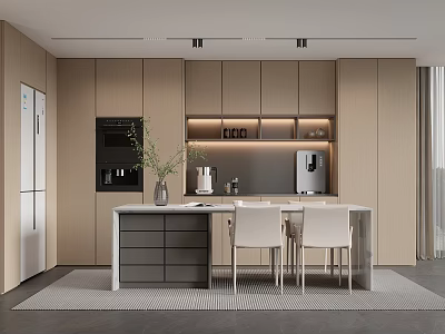 Modern Restaurant Kitchen Interior With Beige Cabinets Grey Island Counter Coffee Machine Vase And Chairs 3d model