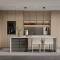 Modern Restaurant Kitchen Interior With Beige Cabinets Grey Island Counter Coffee Machine Vase And Chairs