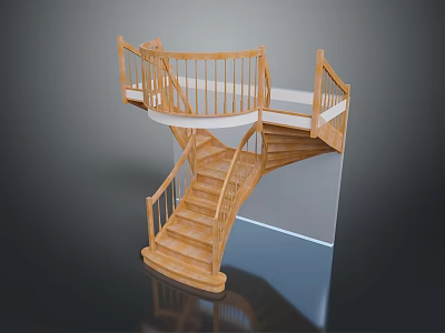 Wooden Spiral Staircase With Handrail And Upper Platform Interior Design 3d model