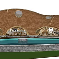 Domed Outdoor Relaxation Buildings With Central Swimming Pool And Green Lawn Area