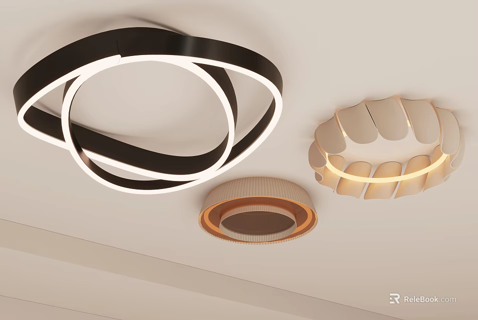 Contemporary Ceiling Lights Featuring Double Circular Rings And Curved Wave Patterns With Warm Lighting 3d model