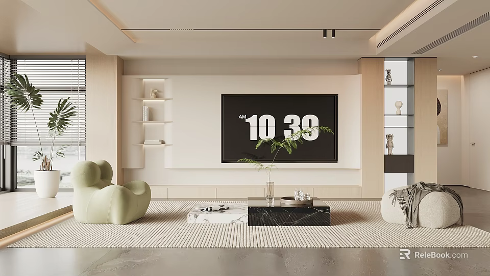 Minimalist Modern TV Wall Design With Shelves In Cozy Living Room 3d model 