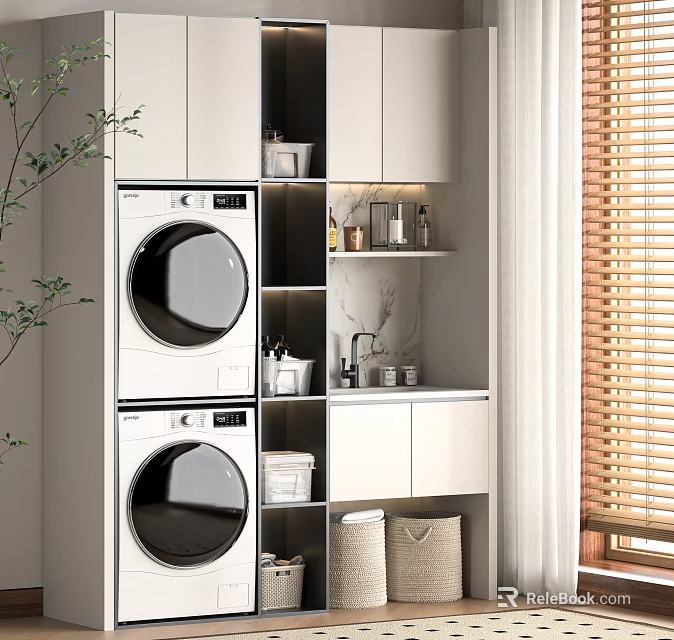 Modern Balcony Cabinet With Stacked Washing Machine Dryer And Storage Space 3d model 