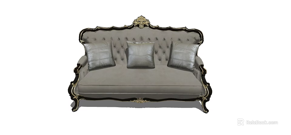 Luxurious Gray Multi Seat Sofa With Carved Details Black Trim And Tufted Backrest 3d model 