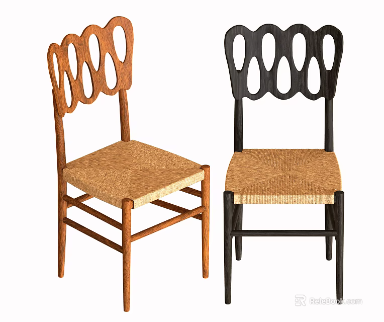 Modern Minimalist Leisure Chairs With Circular Cutout Backrest And Woven Seat In Wooden Black 3d model 