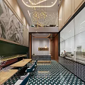 Elegant Restaurant Interior With Green Walls Plant Murals And Geometric Floor Tiles