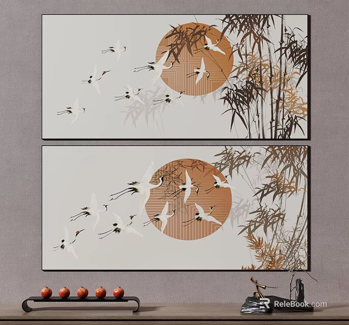 Chinese Style Wall Art With Flying Cranes Bamboo And Circular Sun Pattern 3d model