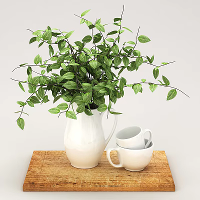 White Vase with Fresh Green Leaves on Wooden Tray and Stacked White Cups 3d model
