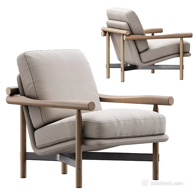 Modern Single Sofa With Wooden Armrests Light Gray Cushion And Metal Legs 3d model 
