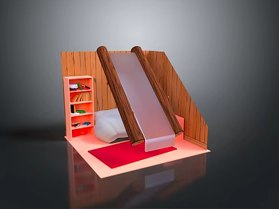 Kids Room Model With Slide Wooden Walls Red Bookshelf White Bed And Red Carpet 3d model