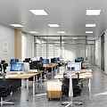 Modern Bright Public Office Space With Open Layout Desks Computers And Office Chairs 3d model