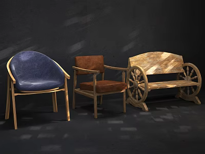 Stylish Leisure Chairs Collection Featuring Blue Leather Brown Leather And Wooden Wheel Design 3d model