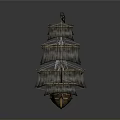 Vintage Pirate Ship Model With Black Sails Wooden Hull And Skull Flag