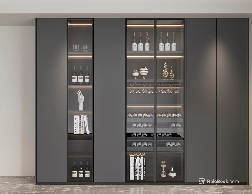 Modern Dark Wine Cabinet With Glass Doors And Wine Bottles Wine Glasses Decorative Sculptures Books 3d model 