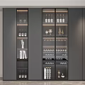 Modern Dark Wine Cabinet With Glass Doors And Wine Bottles Wine Glasses Decorative Sculptures Books