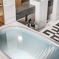 Modern Bathroom Interior With Marble Walls Gold Frame Shelves Pendant Light And Vanity