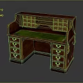 Antique Wooden Writing Desk With Green Leather Top And Multiple Drawers Compartments