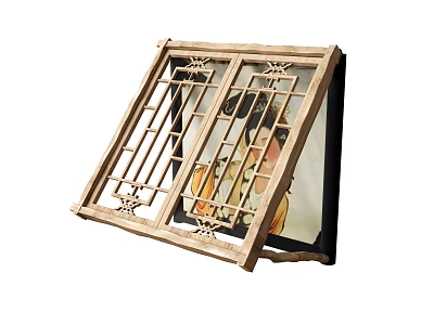 Traditional Carved Wooden Window With Intricate Lattice Patterns And Classic Design 3d model