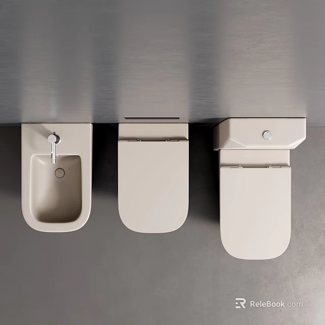 Three White Urinals Modern Design Mounted On Gray Bathroom Wall Interior 3d model 