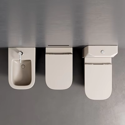 Three White Urinals Modern Design Mounted On Gray Bathroom Wall Interior 3d model