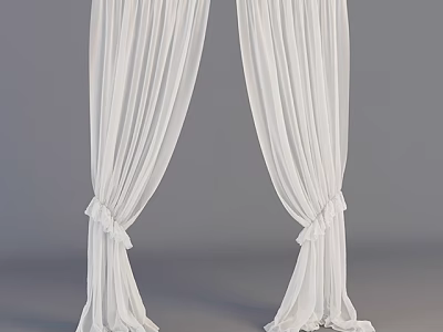 Flowy White Curtains With Pleated Design And Decorative Tied Bottom For Home 3d model