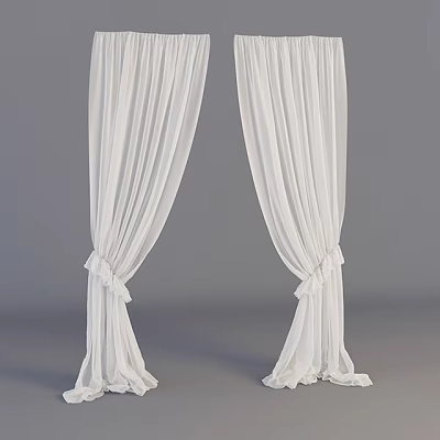 Flowy White Curtains With Pleated Design And Decorative Tied Bottom For Home 3d model