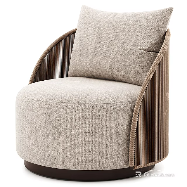 Modern Beige Fabric Armchair With Woven Brown Armrest And Comfortable Plush Cushion 3d model 