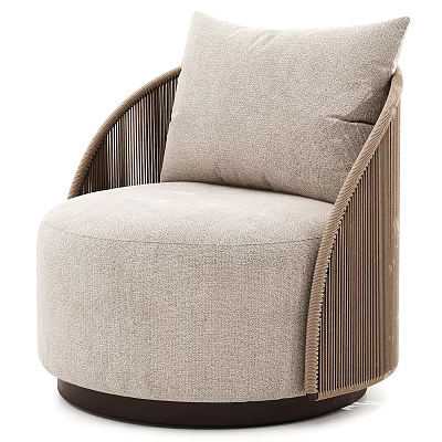 Modern Beige Fabric Armchair With Woven Brown Armrest And Comfortable Plush Cushion 3d model
