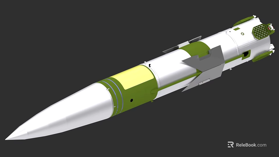 Military Missile Weapon With Green And White Body Warhead And Tail Fins Design 3d model 