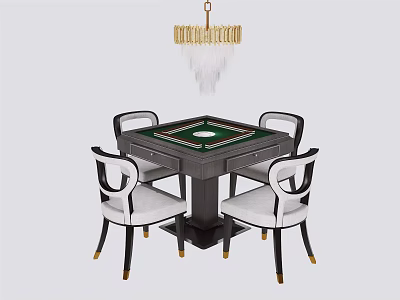 Elegant Entertainment Table With Four White Black Chairs And Golden Legs Chandelier 3d model