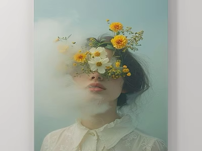 Abstract Painting Of Woman With Smoke Flowers Foliage White Lace Collar And Light Blue Background 3d model