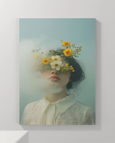 Abstract Painting Of Woman With Smoke Flowers Foliage White Lace Collar And Light Blue Background 3d model