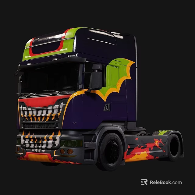 Custom Multicolored Functional Truck With Bat Graphic Tooth Design And Flame Decal 3d model