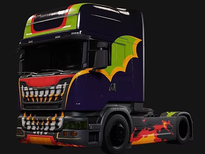 Custom Multicolored Functional Truck With Bat Graphic Tooth Design And Flame Decal 3d model