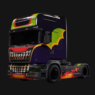 Custom Multicolored Functional Truck With Bat Graphic Tooth Design And Flame Decal 3d model