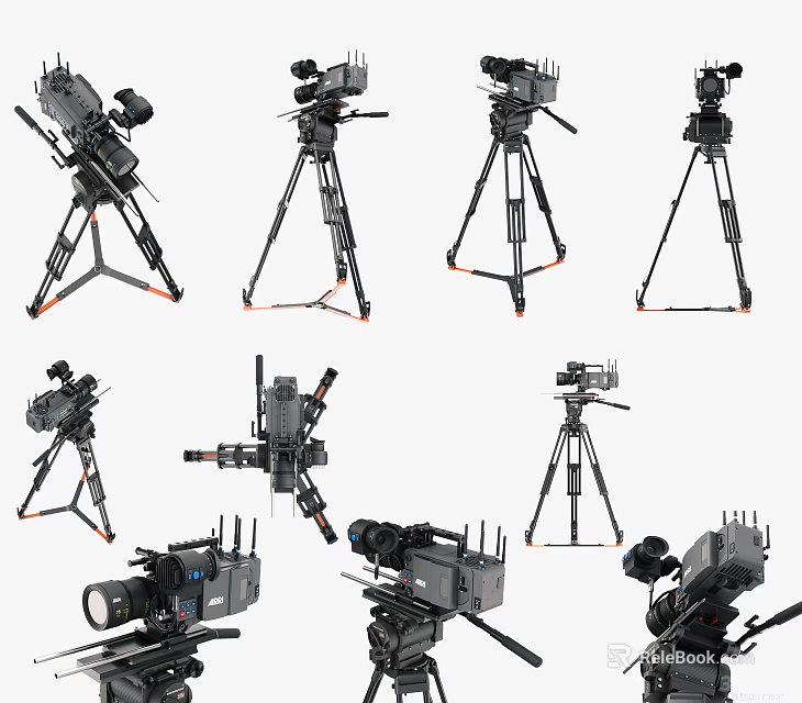 Professional Digital Camera Equipment With Multiple Tripod Stands And Model Variations 3d model