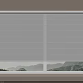 White Window Blinds on Beige Wall with Green Mountains and Trees View