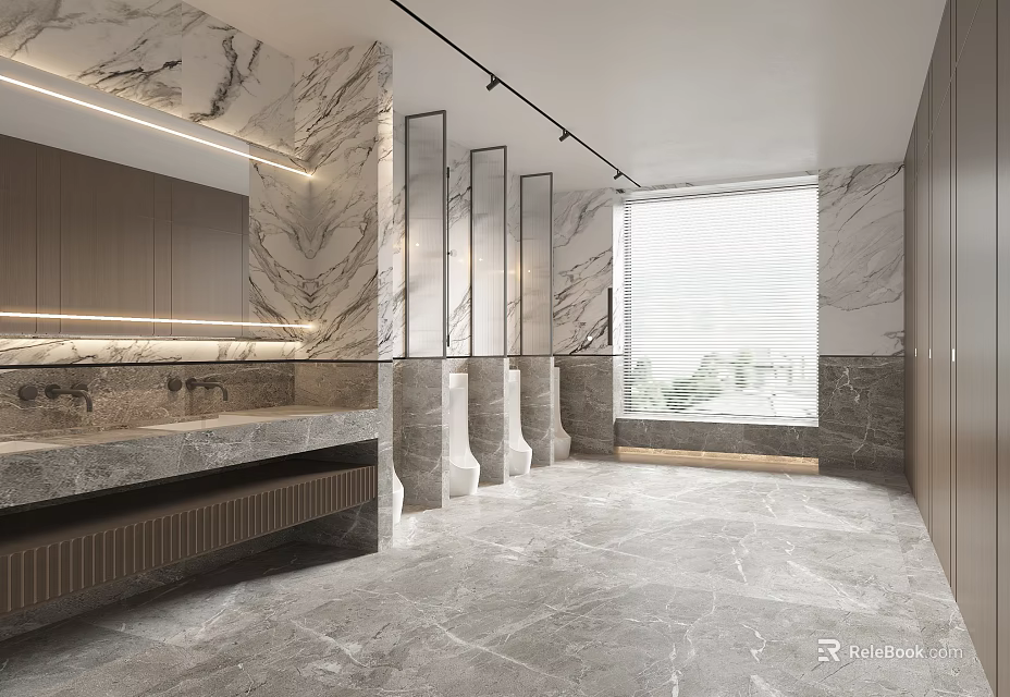 Modern Public Restroom With Marble Walls Washbasin Stalls And Natural Light 3d model 