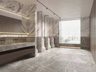 Modern Public Restroom With Marble Walls Washbasin Stalls And Natural Light 3d model