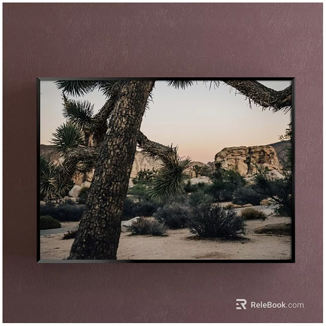 Joshua Tree Landscape Painting With Rocky Hills Sunset Sky And Sandy Ground Bushes 3d model 
