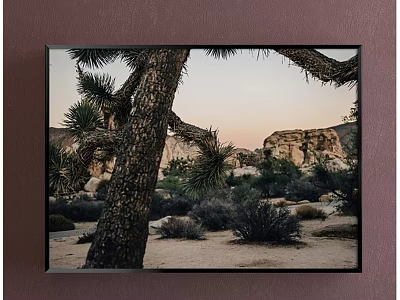 Joshua Tree Landscape Painting With Rocky Hills Sunset Sky And Sandy Ground Bushes 3d model