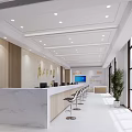 Modern Bright Service Hall Interior Design With Marble Countertop Wooden Walls And Bar Stools